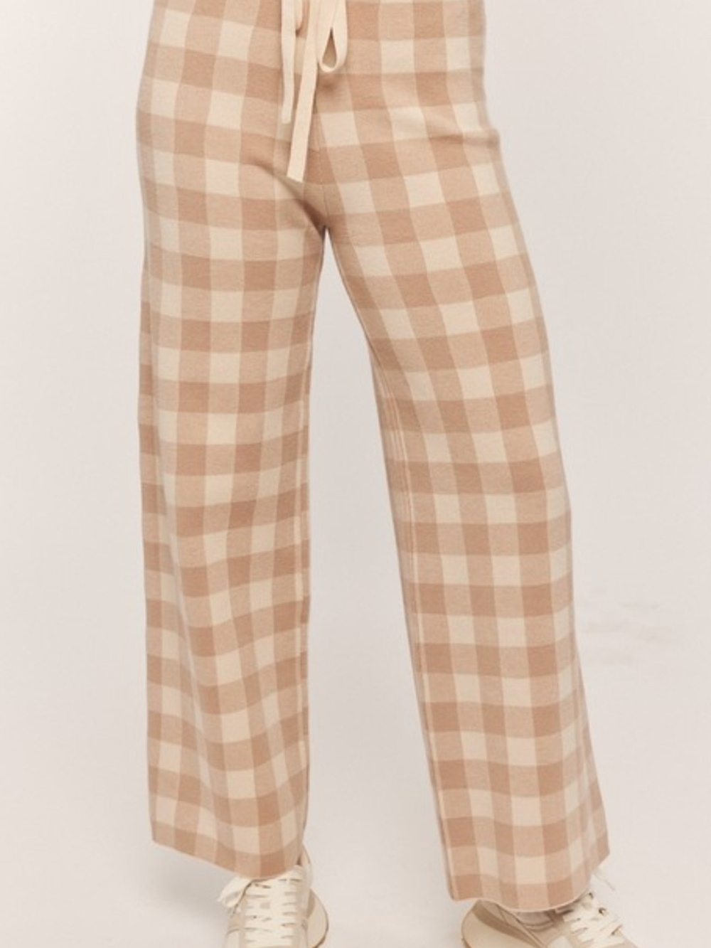 Beige Plaid Wide-Leg Knit Pants - Women - Picture 1 of 7
